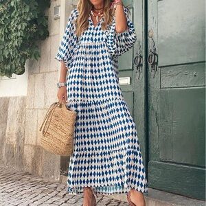 Oversized Flowy Blue & White Geometric Maxi Dress | Small